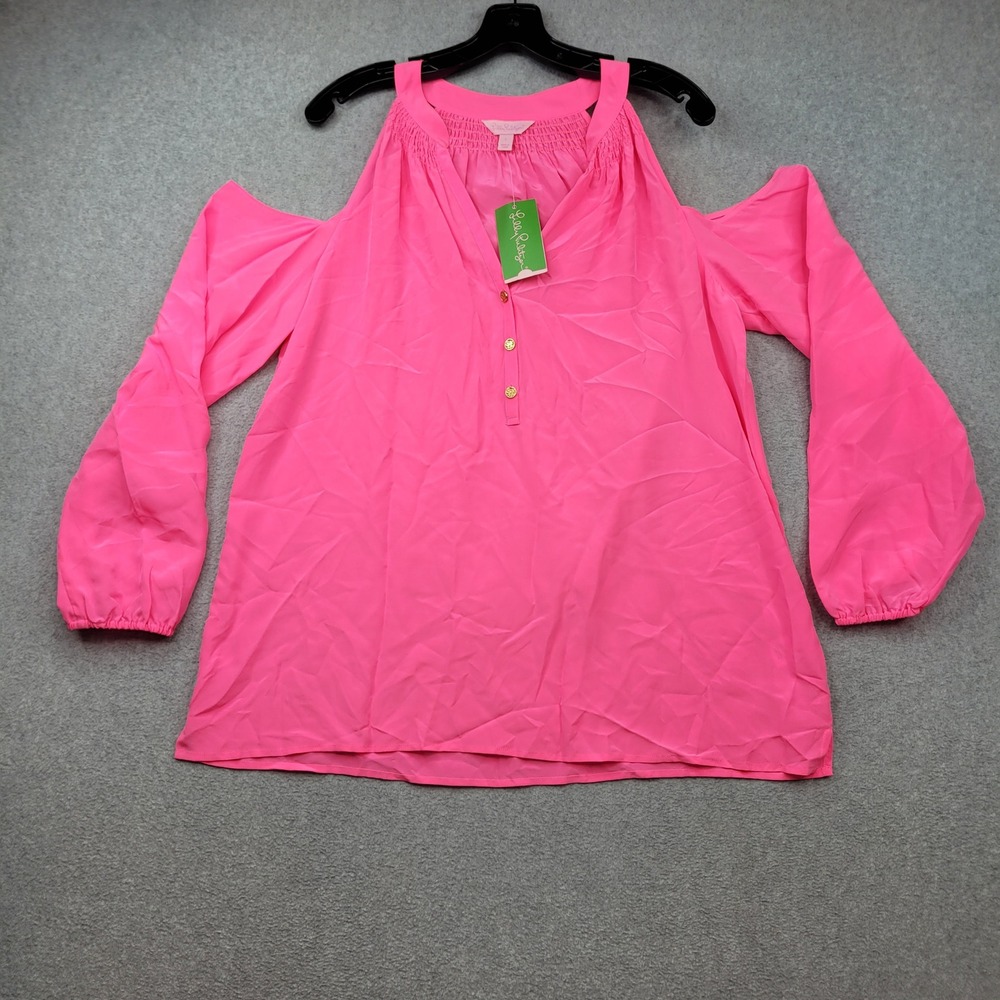 Lilly Pulitzer Sunny Shoulder Elsa Top Womens Large Tiki Pink 100% Silk